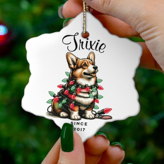 Pembroke Welsh Corgi Custom Name and Date Ornament. Personalized Pet Name.