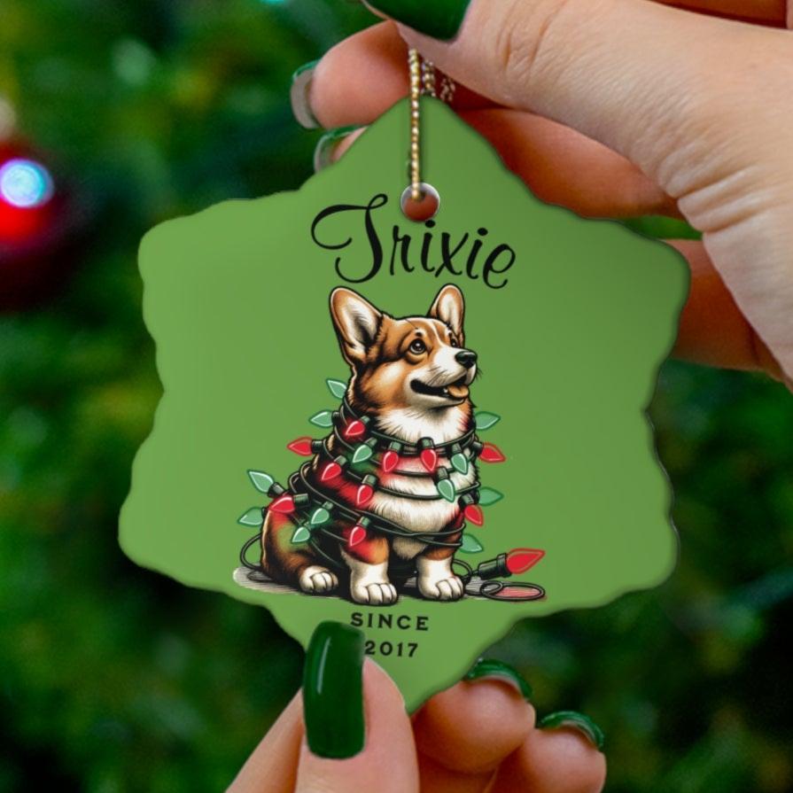 Pembroke Welsh Corgi Custom Name and Date Ornament. Personalized Pet Name.