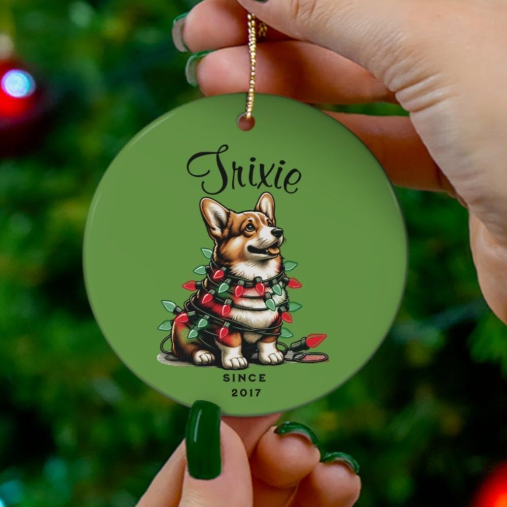 Pembroke Welsh Corgi Custom Name and Date Ornament. Personalized Pet Name.