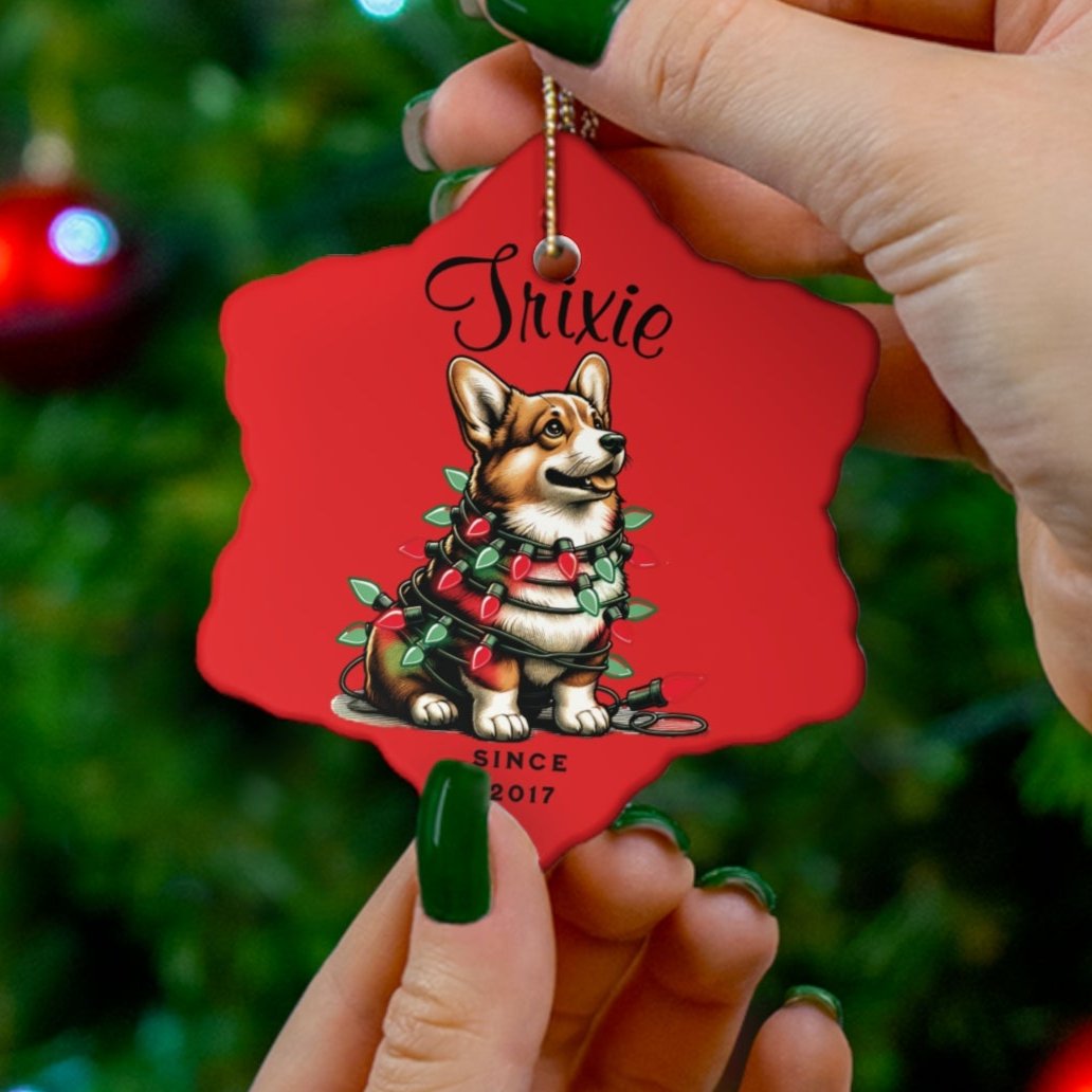 Pembroke Welsh Corgi Custom Name and Date Ornament. Personalized Pet Name.