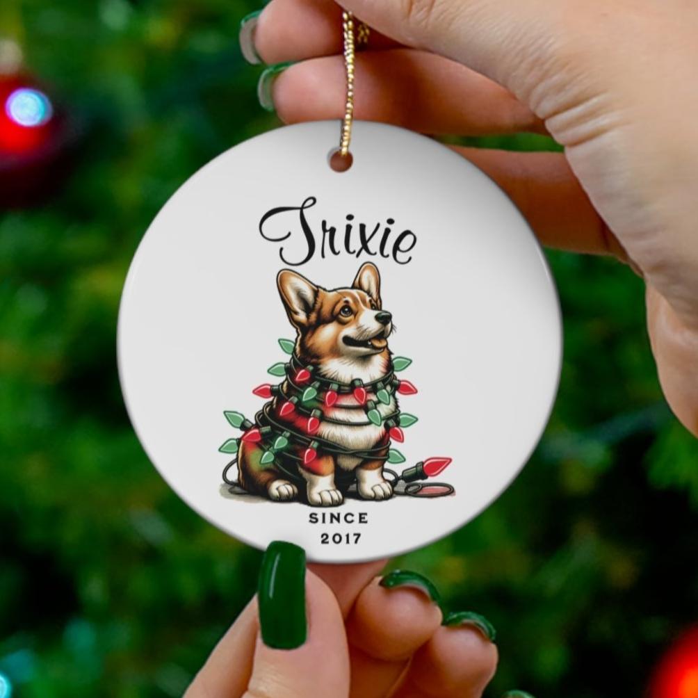 Pembroke Welsh Corgi Custom Name and Date Ornament. Personalized Pet Name.